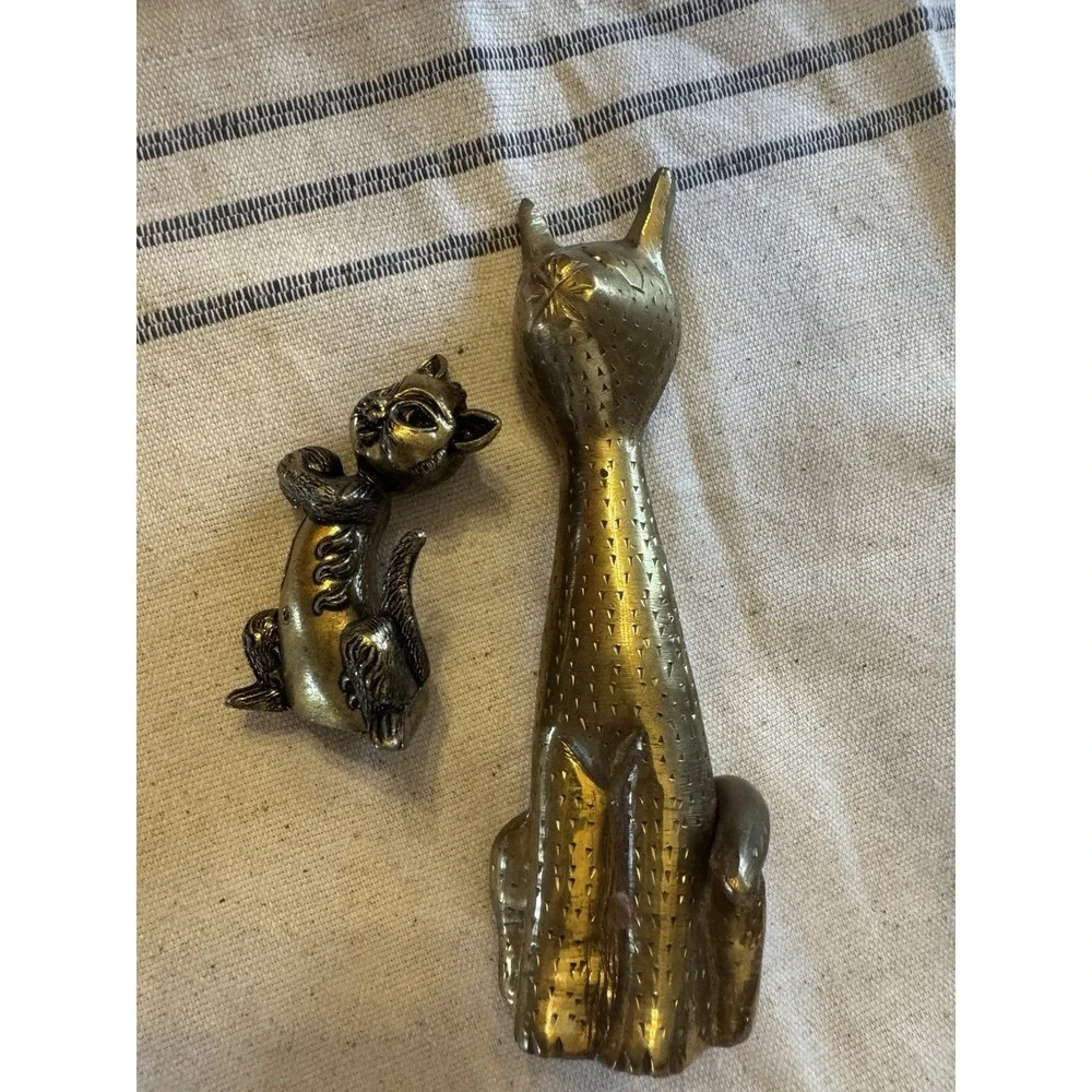 Brass Siamese Cat Figurine Paperweight Vintage MCM *Read Desc* 2 Cats